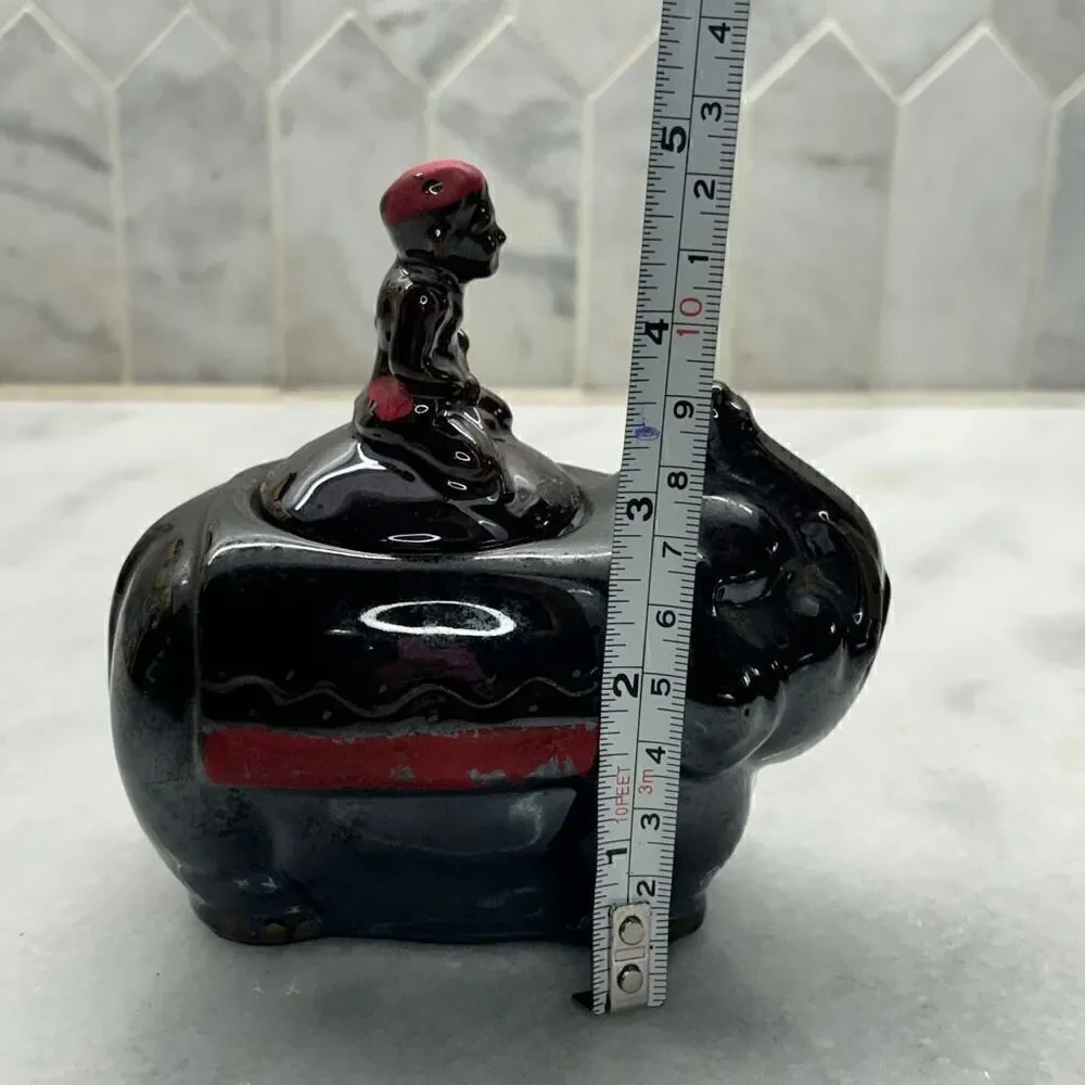 Vintage Elephant Boy Rider Pottery Ceramic Sugar Bowl Or Trinket Brown 5